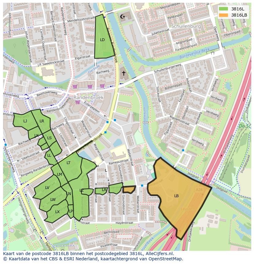 Afbeelding van het postcodegebied 3816 LB op de kaart.