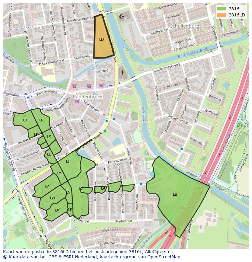 Afbeelding van het postcodegebied 3816 LD op de kaart.