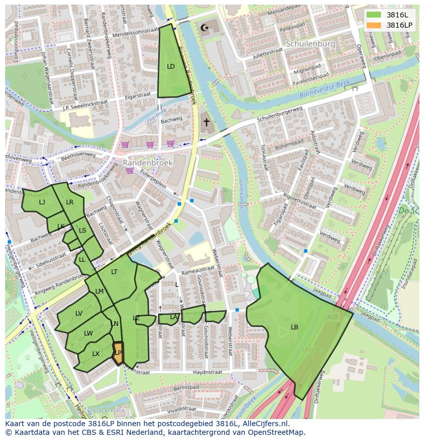 Afbeelding van het postcodegebied 3816 LP op de kaart.