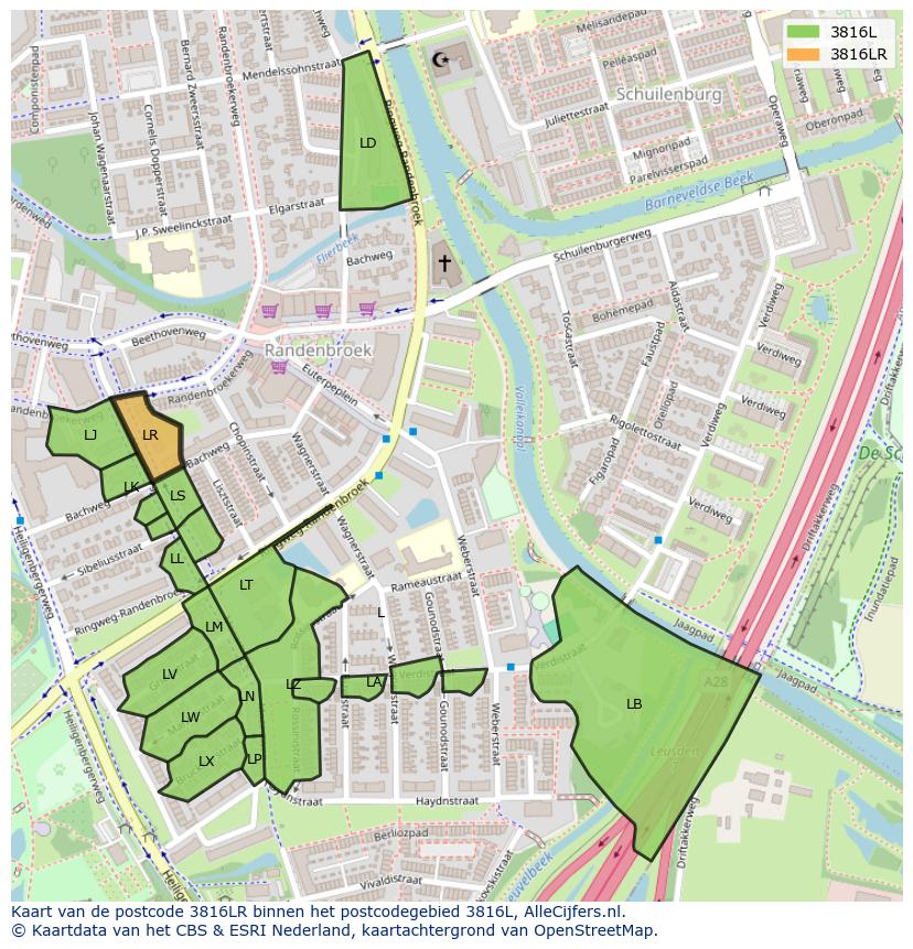 Afbeelding van het postcodegebied 3816 LR op de kaart.