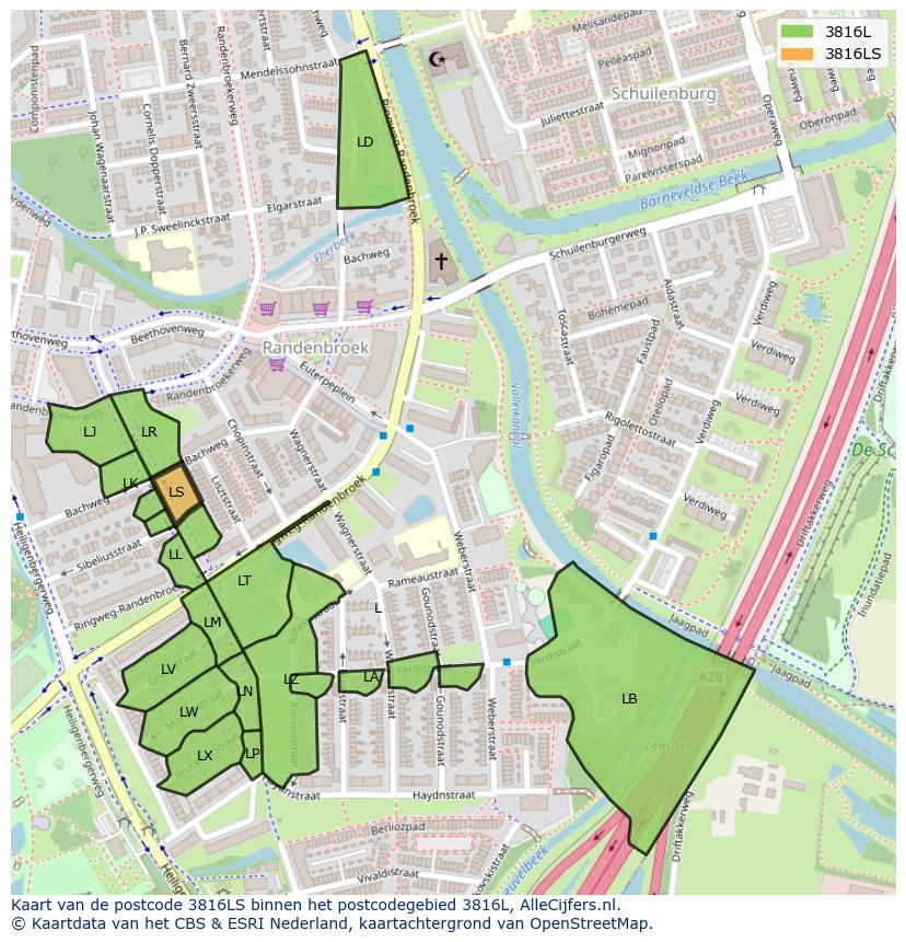 Afbeelding van het postcodegebied 3816 LS op de kaart.