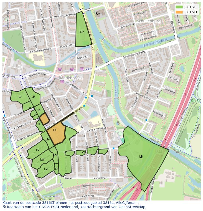 Afbeelding van het postcodegebied 3816 LT op de kaart.