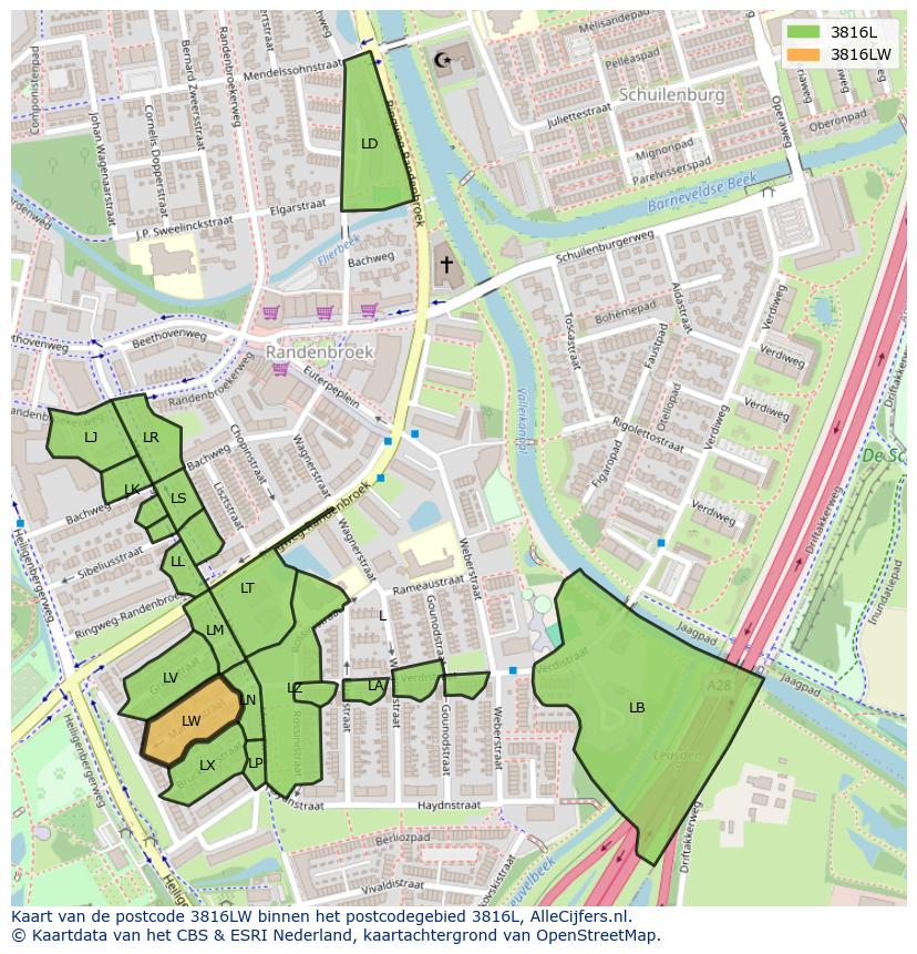 Afbeelding van het postcodegebied 3816 LW op de kaart.