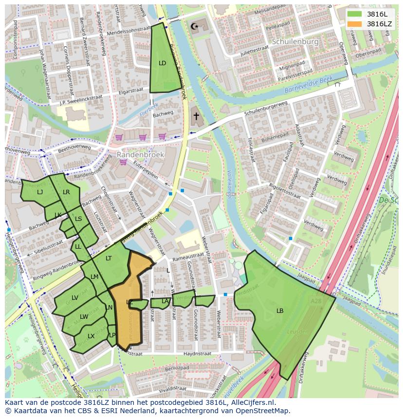 Afbeelding van het postcodegebied 3816 LZ op de kaart.