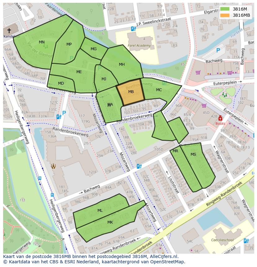 Afbeelding van het postcodegebied 3816 MB op de kaart.