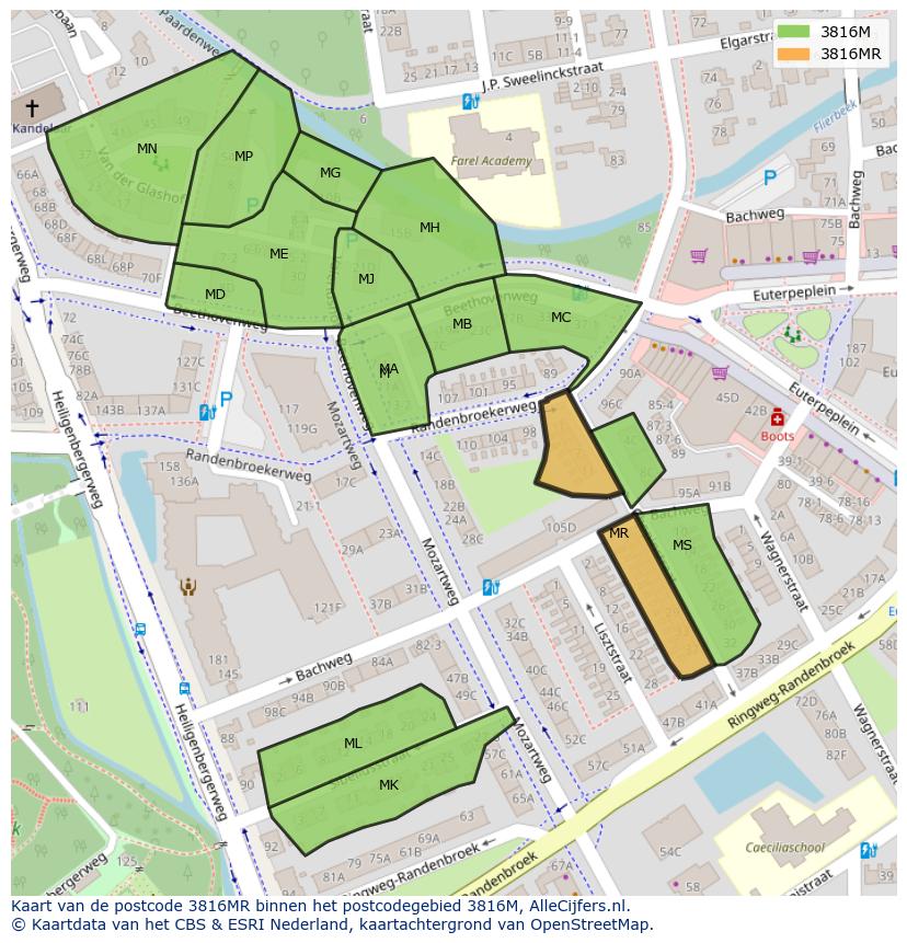Afbeelding van het postcodegebied 3816 MR op de kaart.