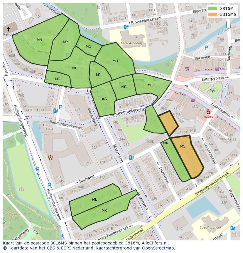 Afbeelding van het postcodegebied 3816 MS op de kaart.