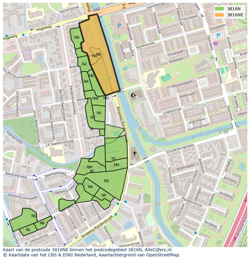 Afbeelding van het postcodegebied 3816 NE op de kaart.