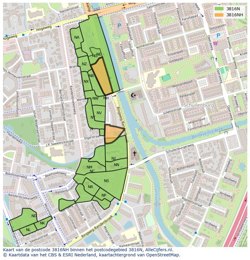 Afbeelding van het postcodegebied 3816 NH op de kaart.
