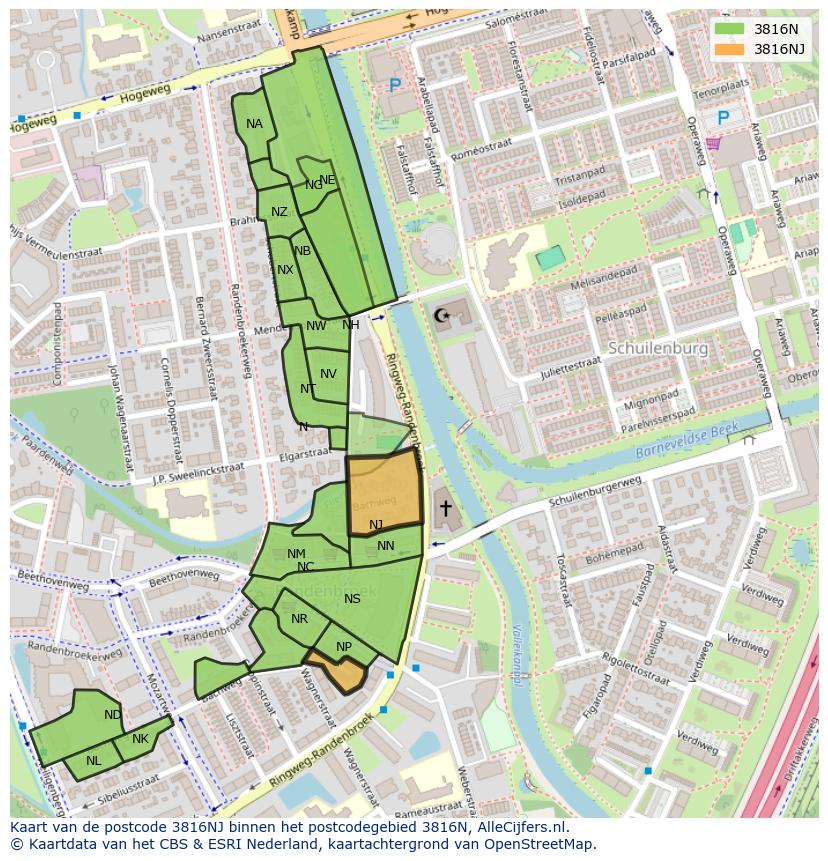 Afbeelding van het postcodegebied 3816 NJ op de kaart.