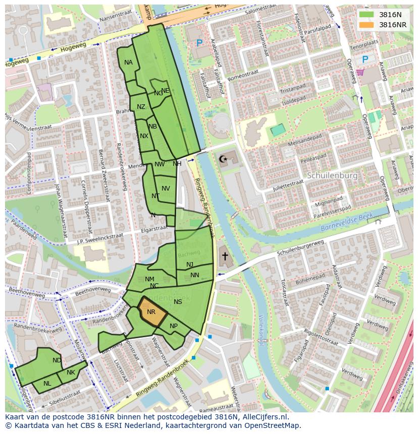 Afbeelding van het postcodegebied 3816 NR op de kaart.