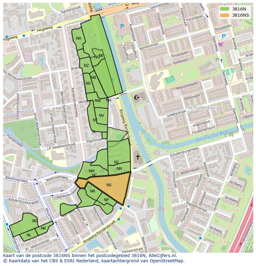 Afbeelding van het postcodegebied 3816 NS op de kaart.