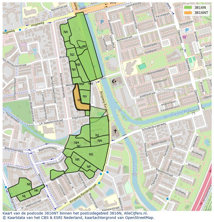 Afbeelding van het postcodegebied 3816 NT op de kaart.