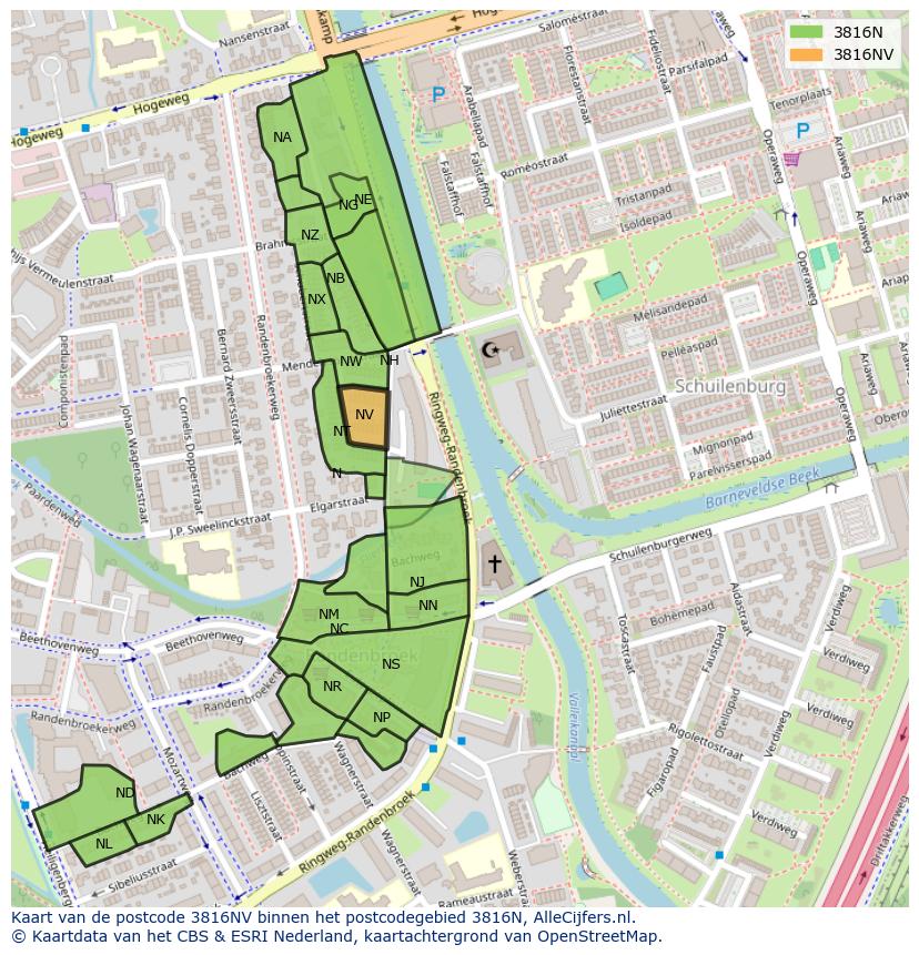 Afbeelding van het postcodegebied 3816 NV op de kaart.