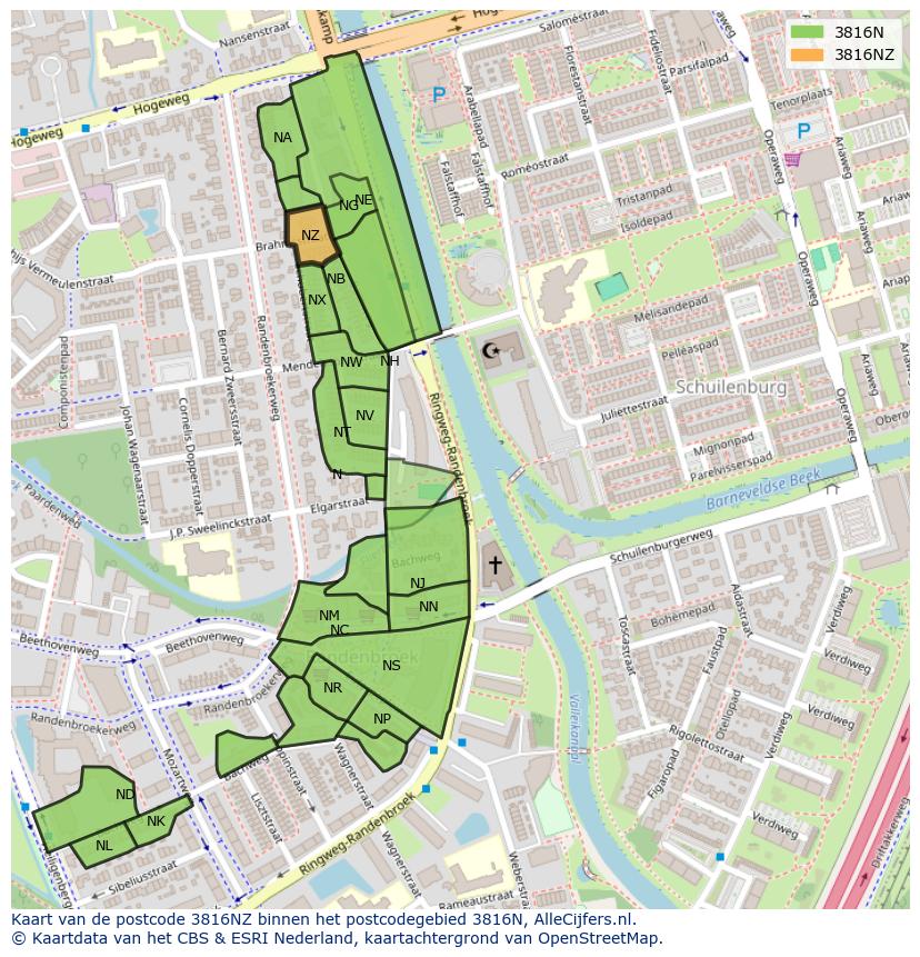 Afbeelding van het postcodegebied 3816 NZ op de kaart.