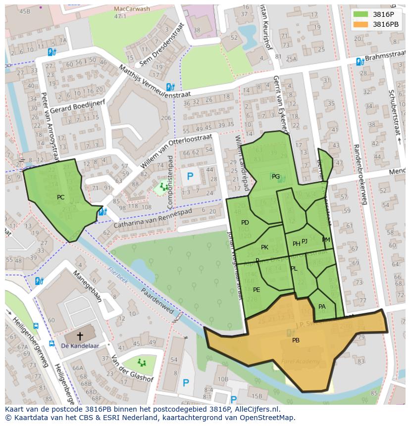 Afbeelding van het postcodegebied 3816 PB op de kaart.