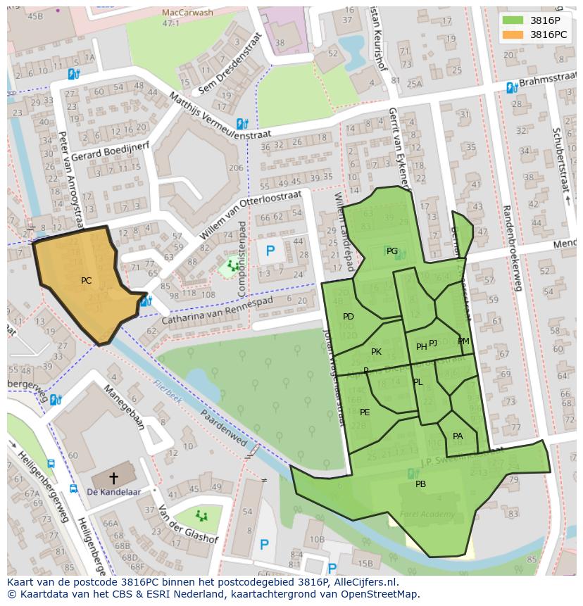 Afbeelding van het postcodegebied 3816 PC op de kaart.