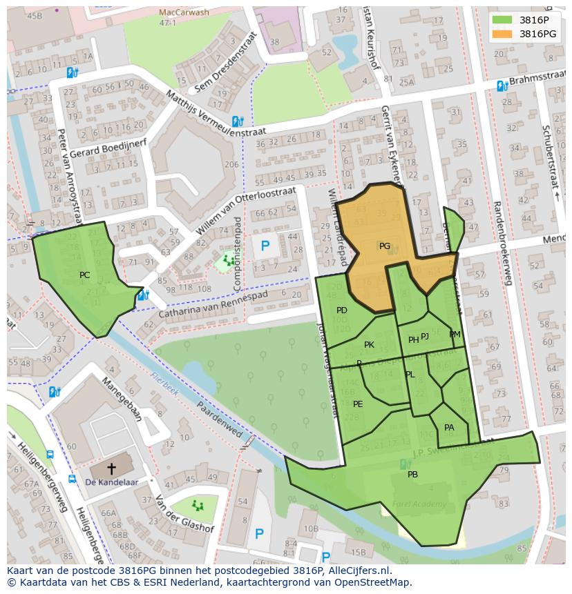 Afbeelding van het postcodegebied 3816 PG op de kaart.