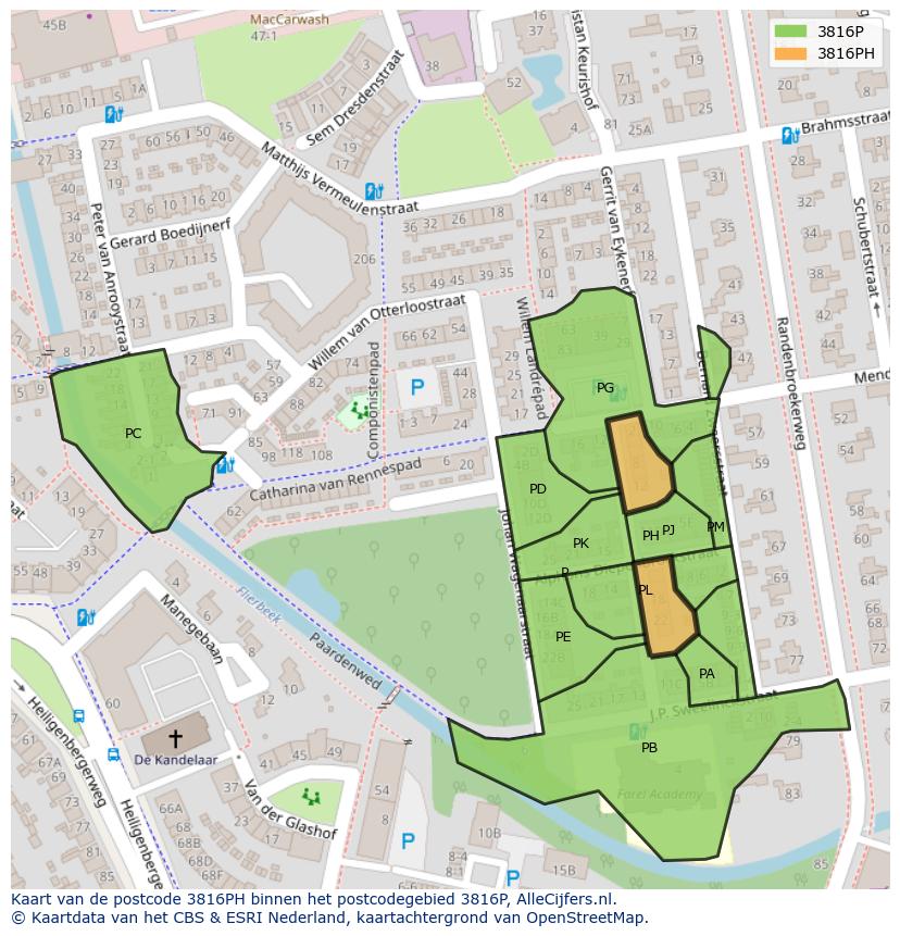 Afbeelding van het postcodegebied 3816 PH op de kaart.