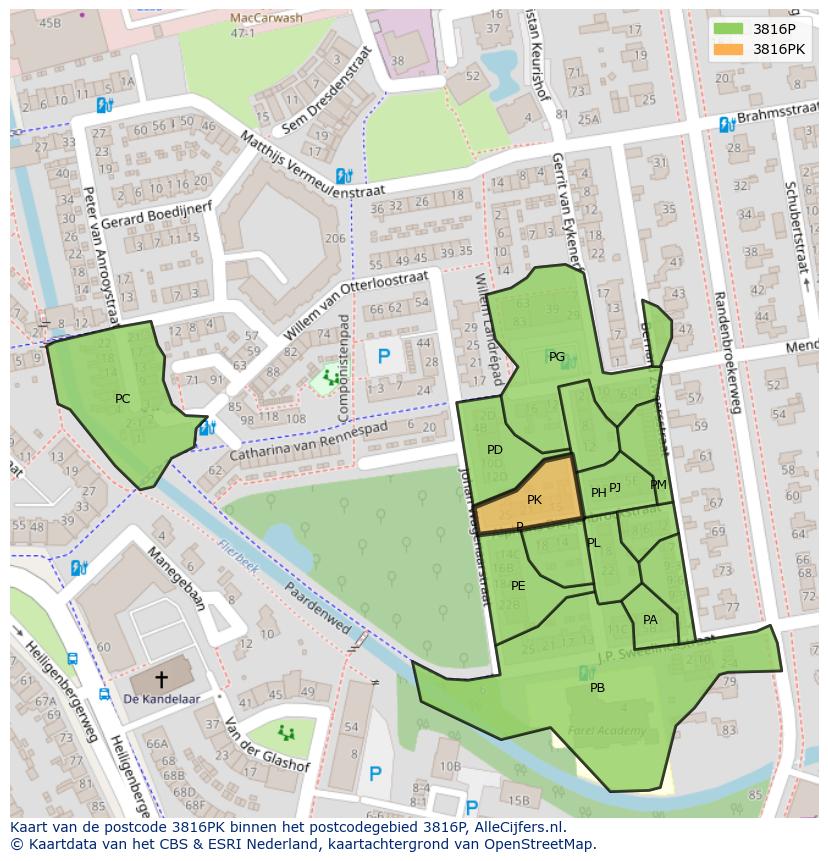 Afbeelding van het postcodegebied 3816 PK op de kaart.