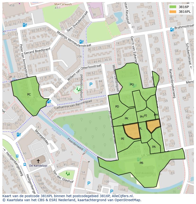 Afbeelding van het postcodegebied 3816 PL op de kaart.