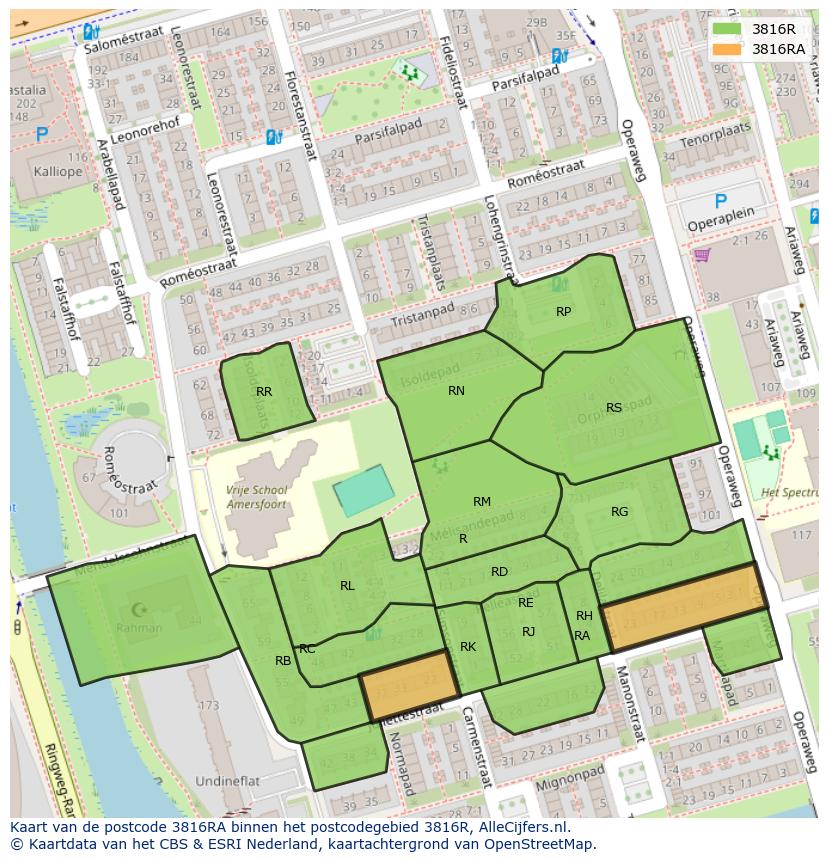 Afbeelding van het postcodegebied 3816 RA op de kaart.