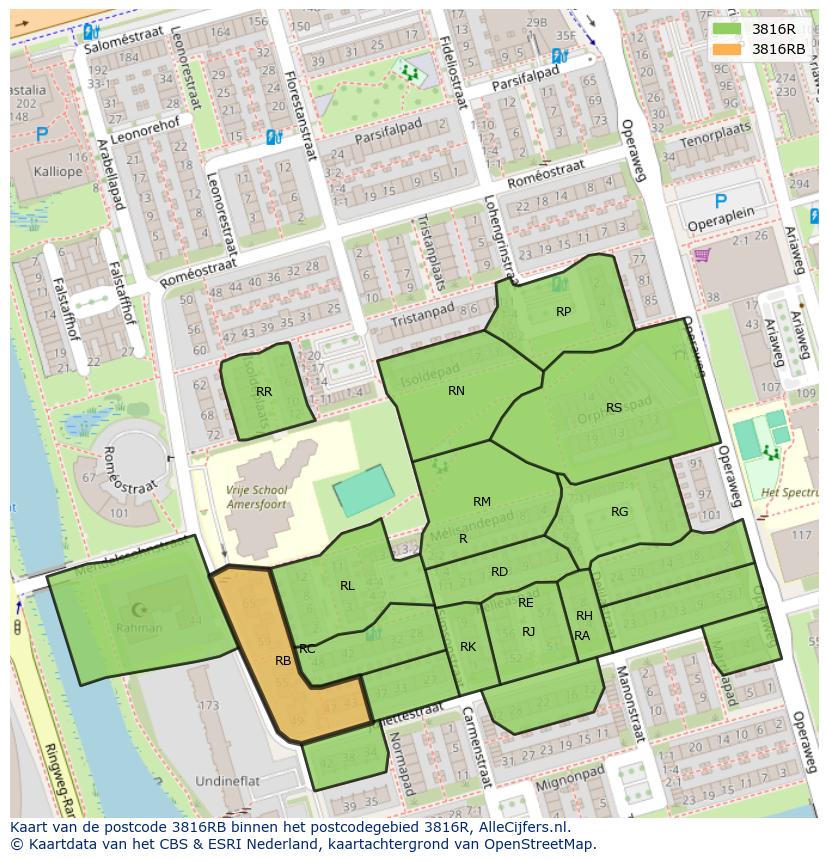 Afbeelding van het postcodegebied 3816 RB op de kaart.