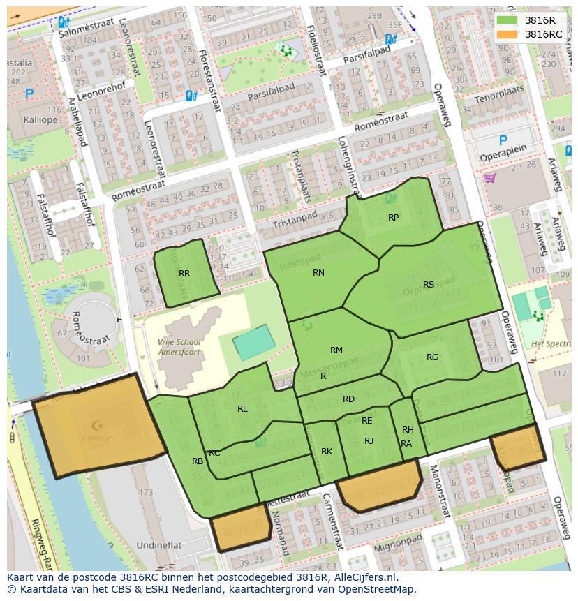 Afbeelding van het postcodegebied 3816 RC op de kaart.