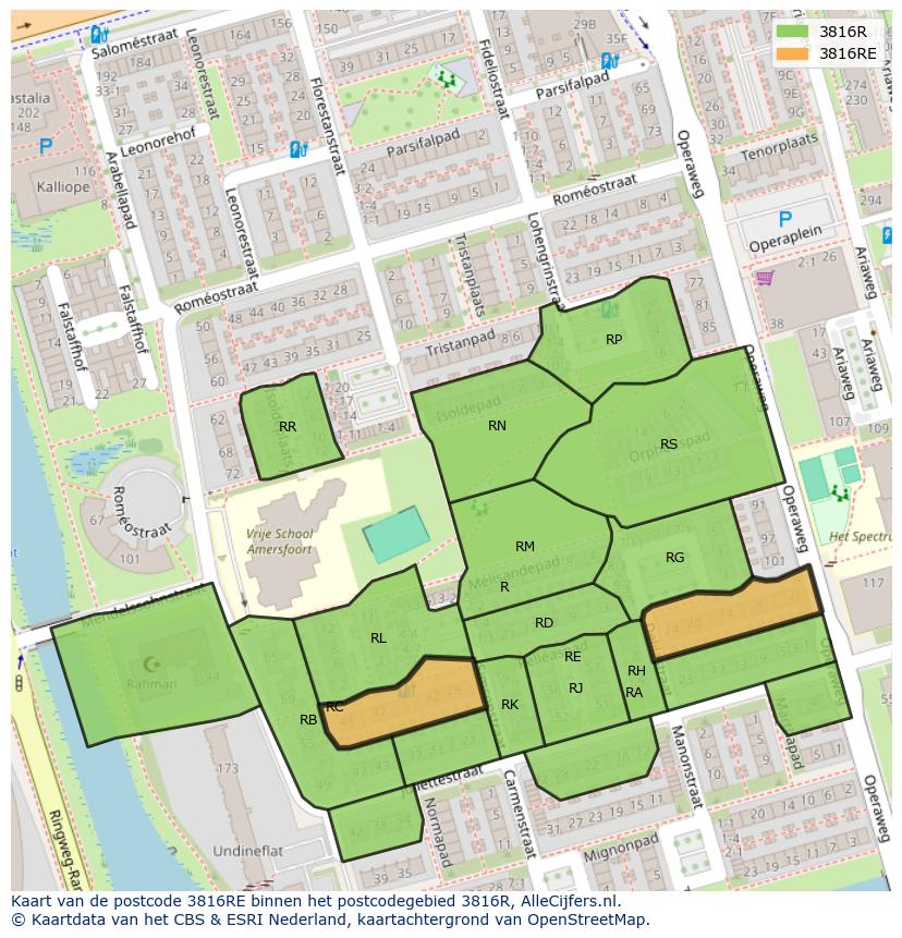 Afbeelding van het postcodegebied 3816 RE op de kaart.