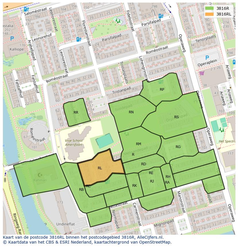Afbeelding van het postcodegebied 3816 RL op de kaart.