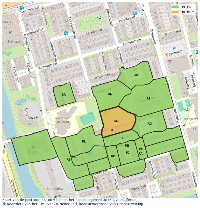 Afbeelding van het postcodegebied 3816 RM op de kaart.