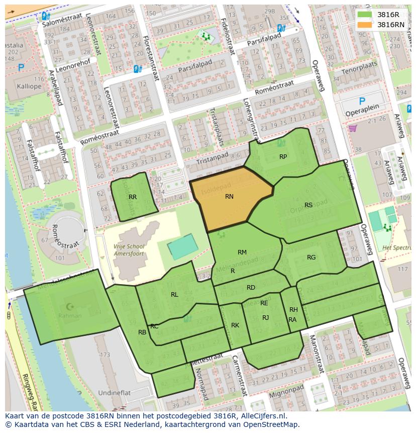 Afbeelding van het postcodegebied 3816 RN op de kaart.