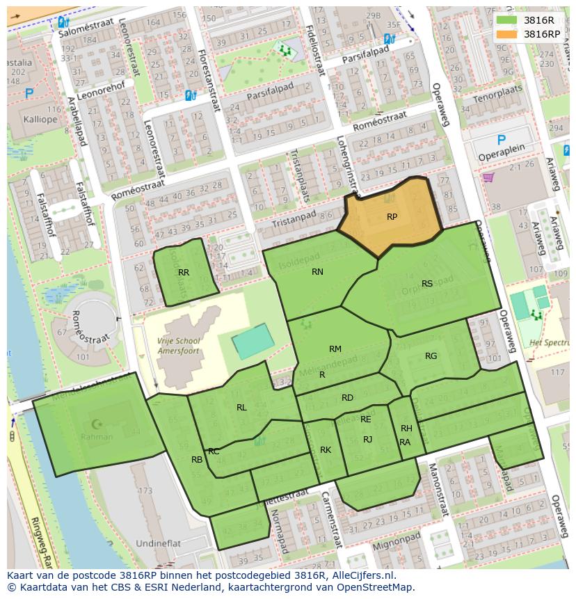 Afbeelding van het postcodegebied 3816 RP op de kaart.