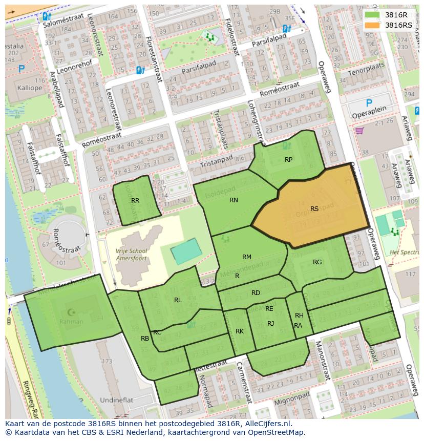Afbeelding van het postcodegebied 3816 RS op de kaart.