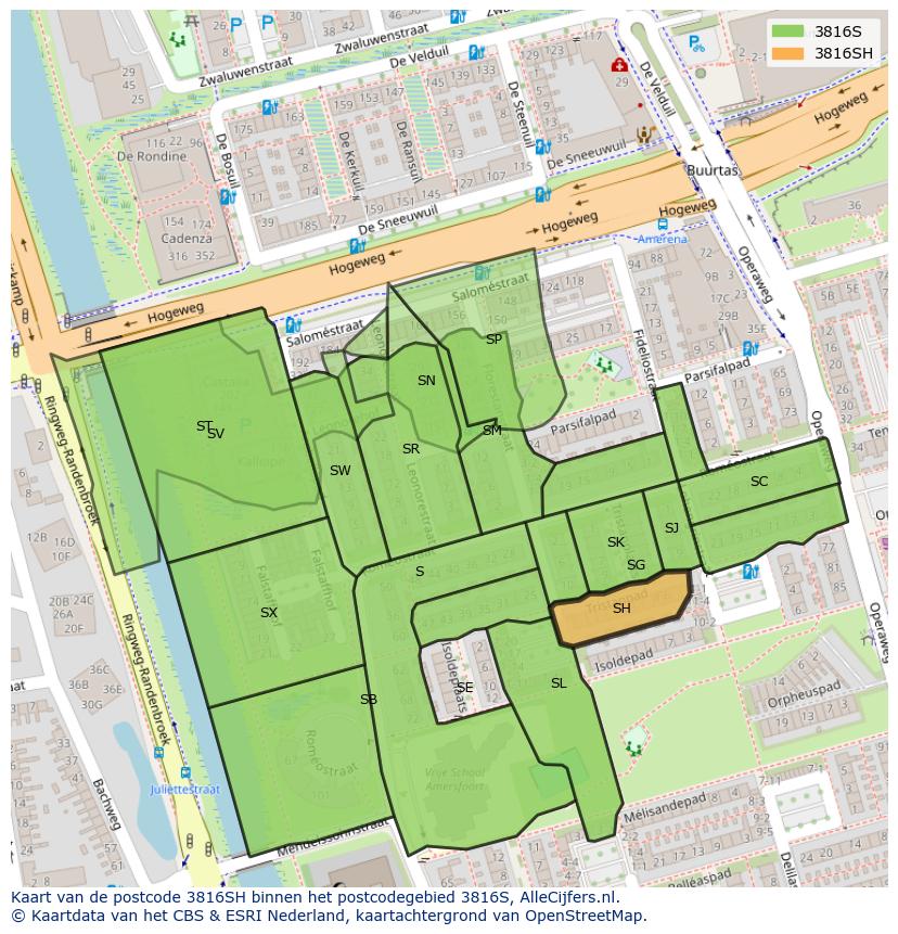 Afbeelding van het postcodegebied 3816 SH op de kaart.