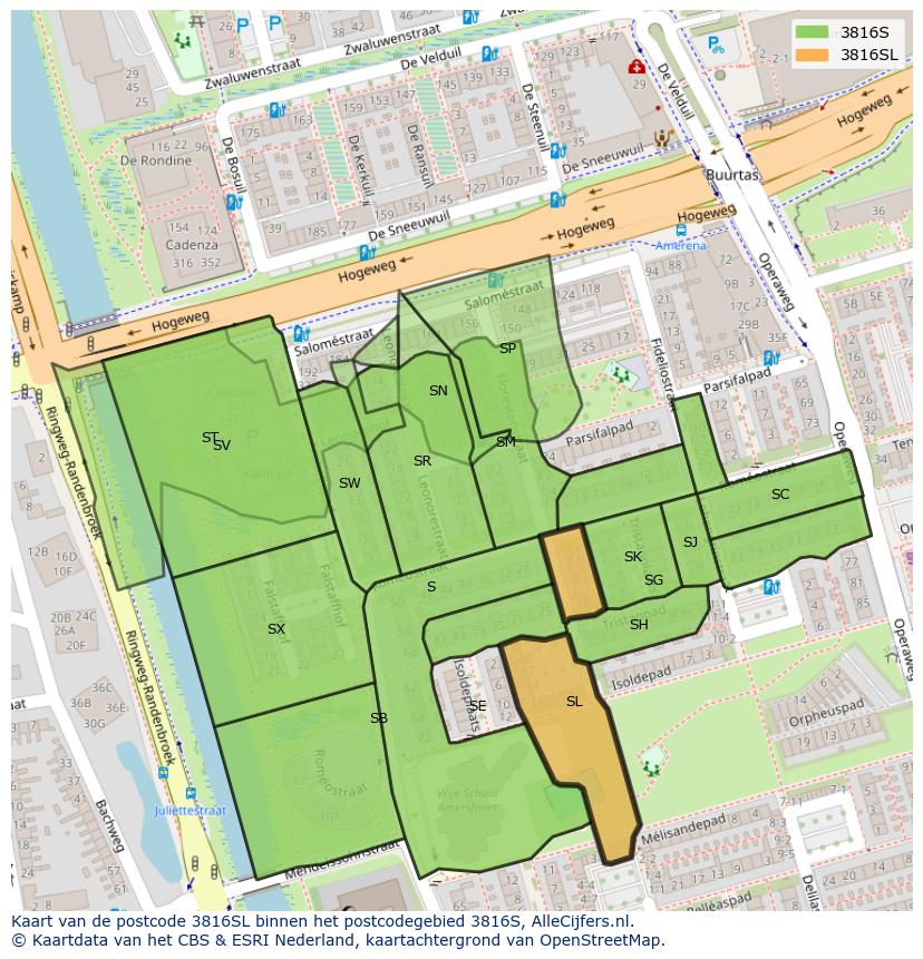 Afbeelding van het postcodegebied 3816 SL op de kaart.