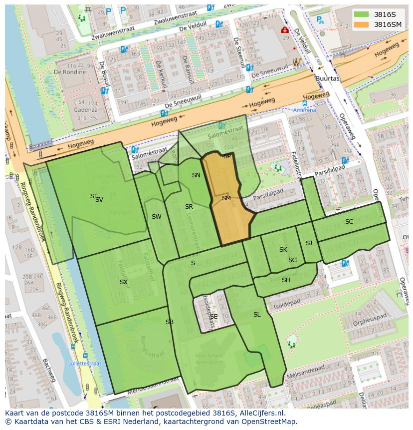 Afbeelding van het postcodegebied 3816 SM op de kaart.