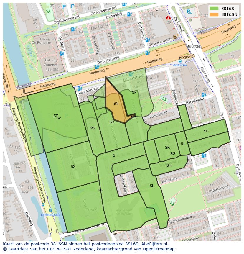 Afbeelding van het postcodegebied 3816 SN op de kaart.