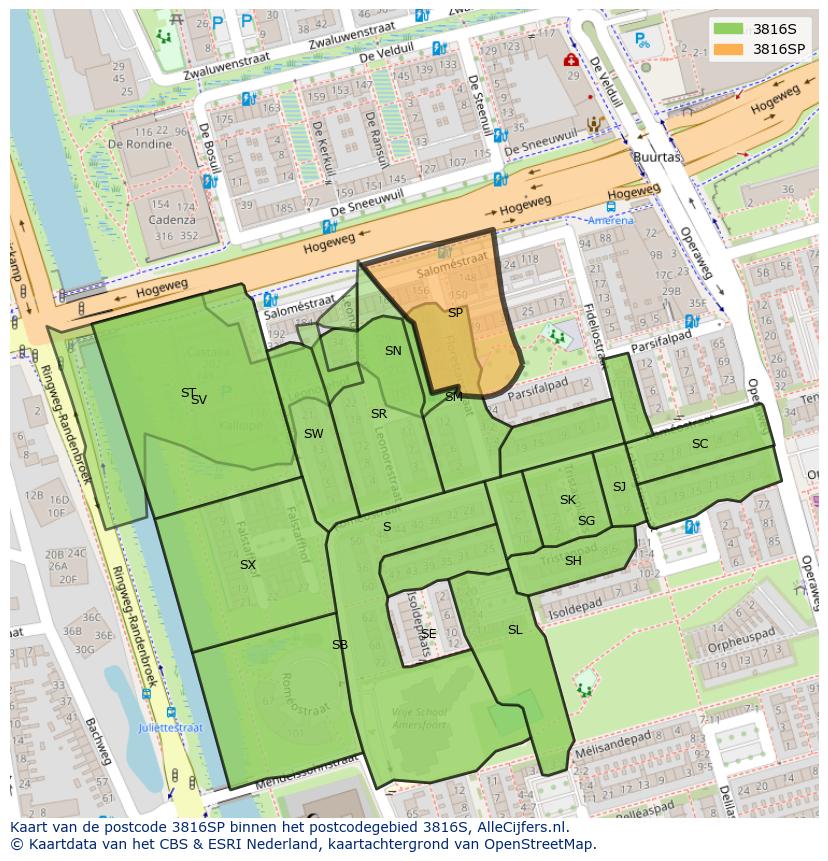 Afbeelding van het postcodegebied 3816 SP op de kaart.