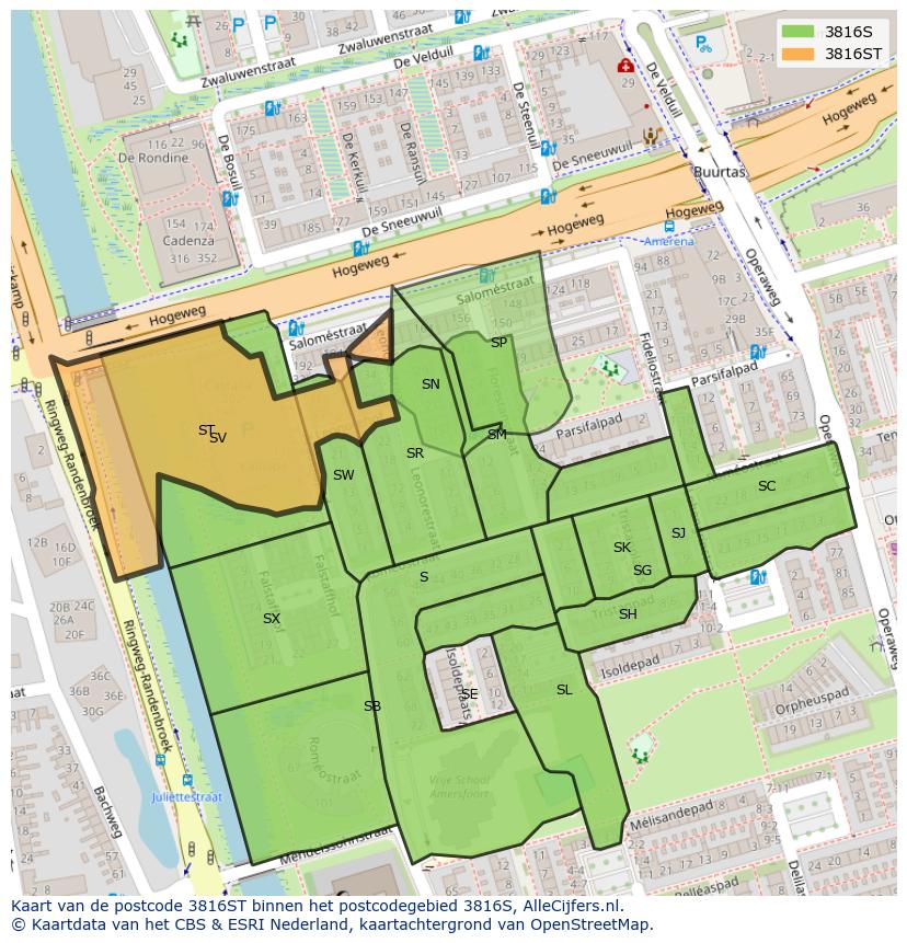 Afbeelding van het postcodegebied 3816 ST op de kaart.