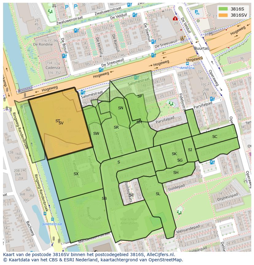 Afbeelding van het postcodegebied 3816 SV op de kaart.