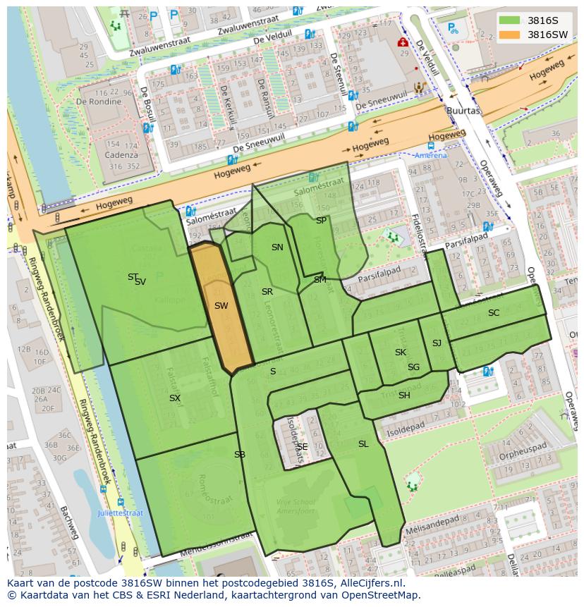 Afbeelding van het postcodegebied 3816 SW op de kaart.
