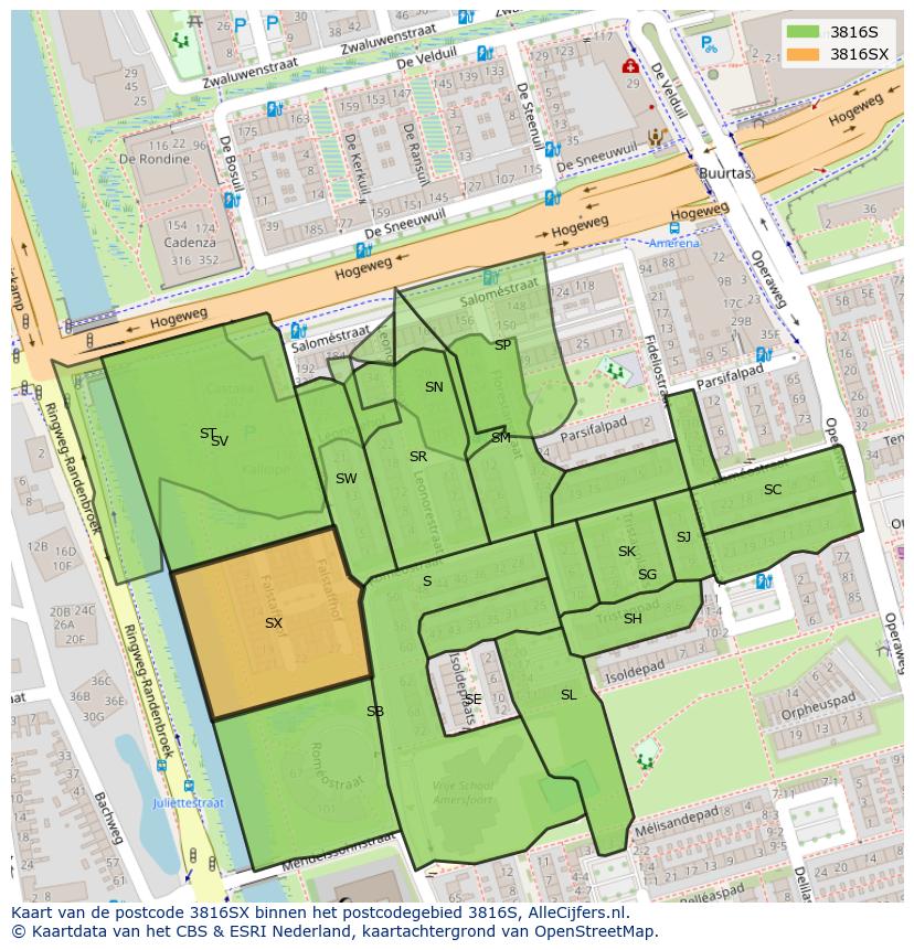 Afbeelding van het postcodegebied 3816 SX op de kaart.