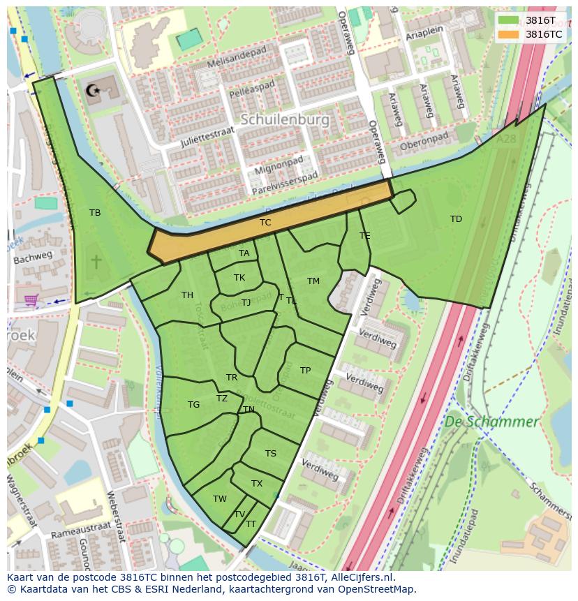 Afbeelding van het postcodegebied 3816 TC op de kaart.