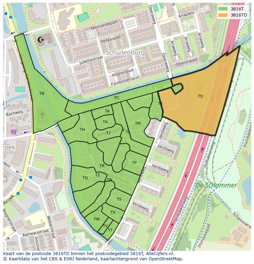 Afbeelding van het postcodegebied 3816 TD op de kaart.