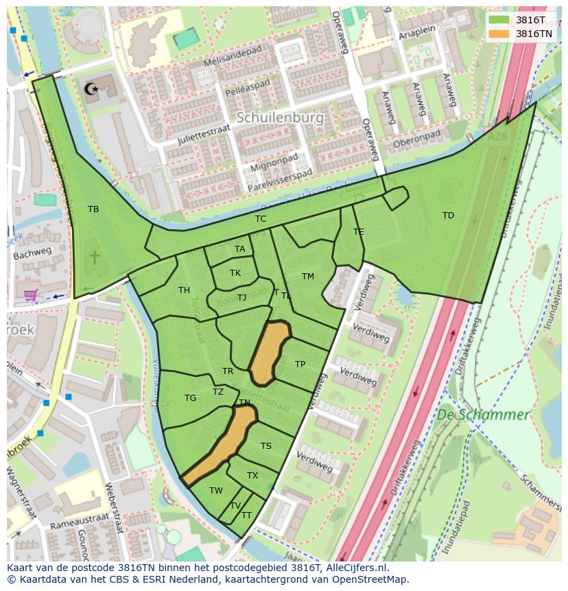 Afbeelding van het postcodegebied 3816 TN op de kaart.