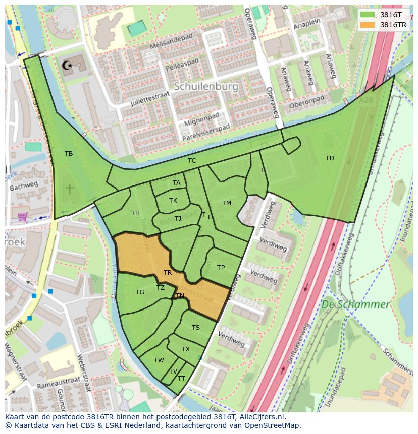 Afbeelding van het postcodegebied 3816 TR op de kaart.