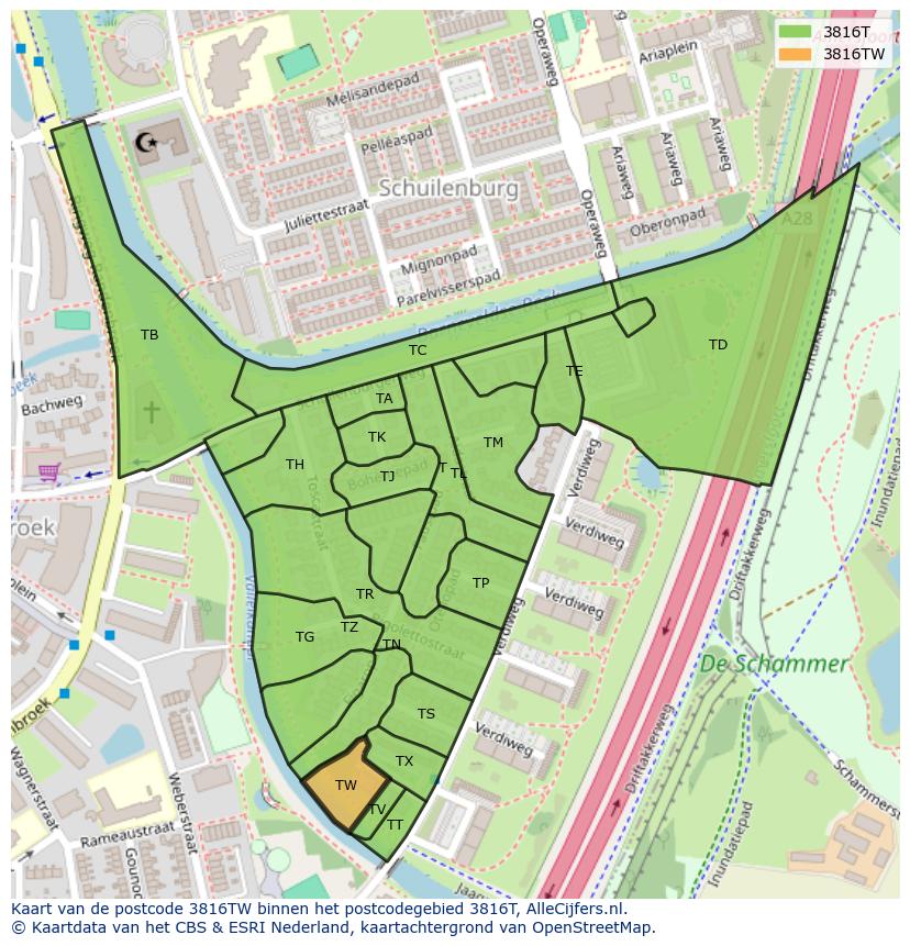 Afbeelding van het postcodegebied 3816 TW op de kaart.