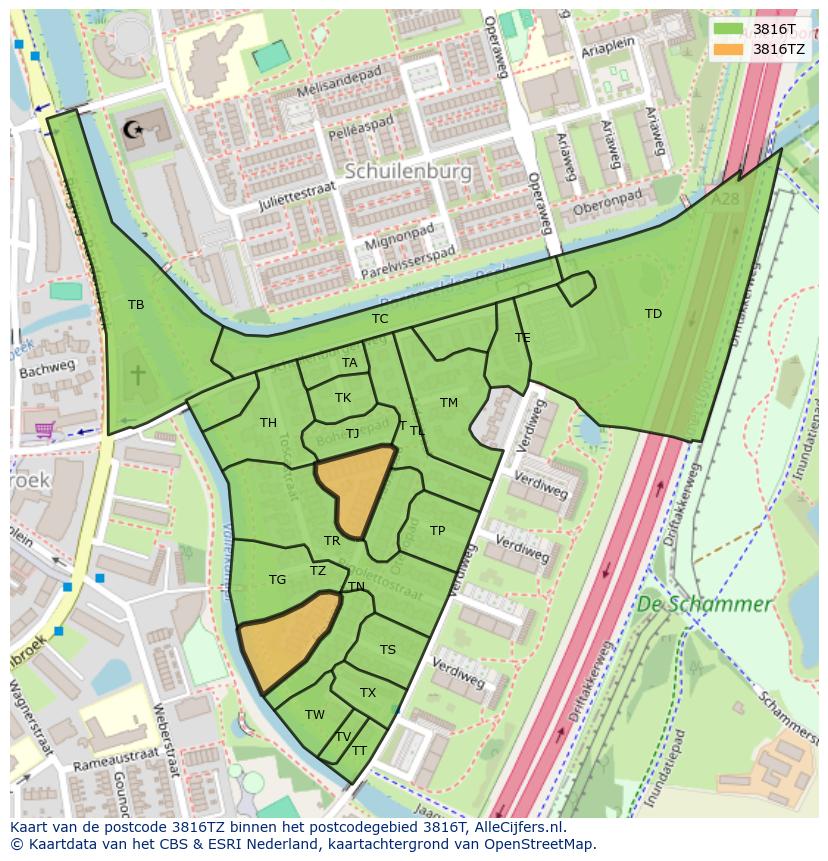 Afbeelding van het postcodegebied 3816 TZ op de kaart.