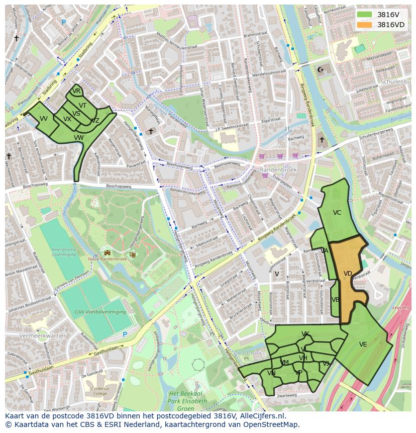 Afbeelding van het postcodegebied 3816 VD op de kaart.